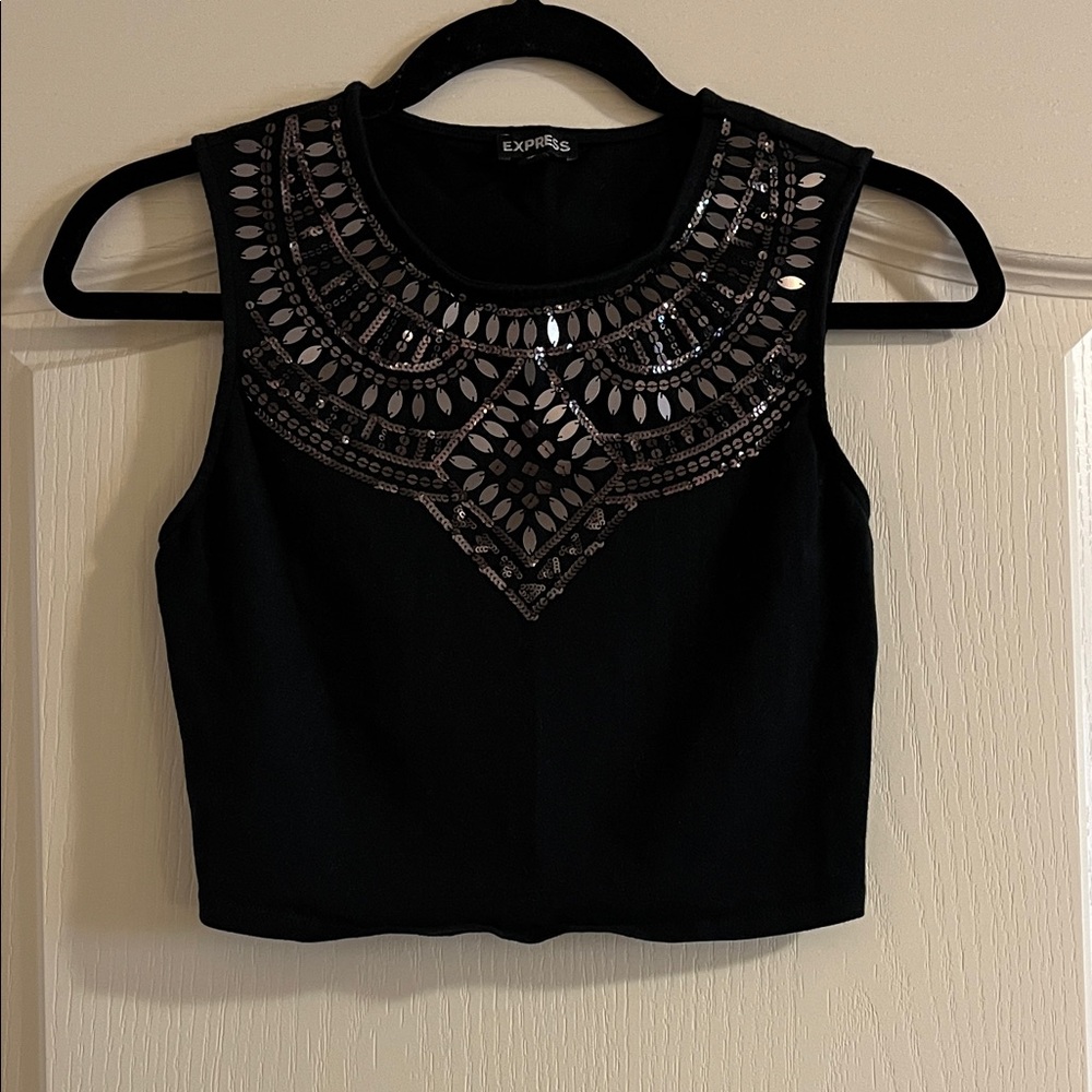 Express Black Cropped Tank with Mirror Embellished Yoke